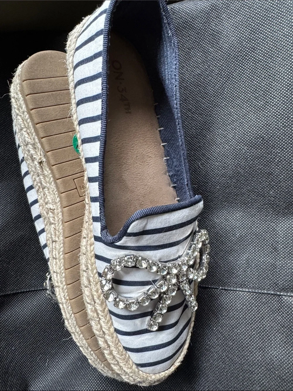 On 34th Navy Stripe Espadrille Loafer with Crystal Accent